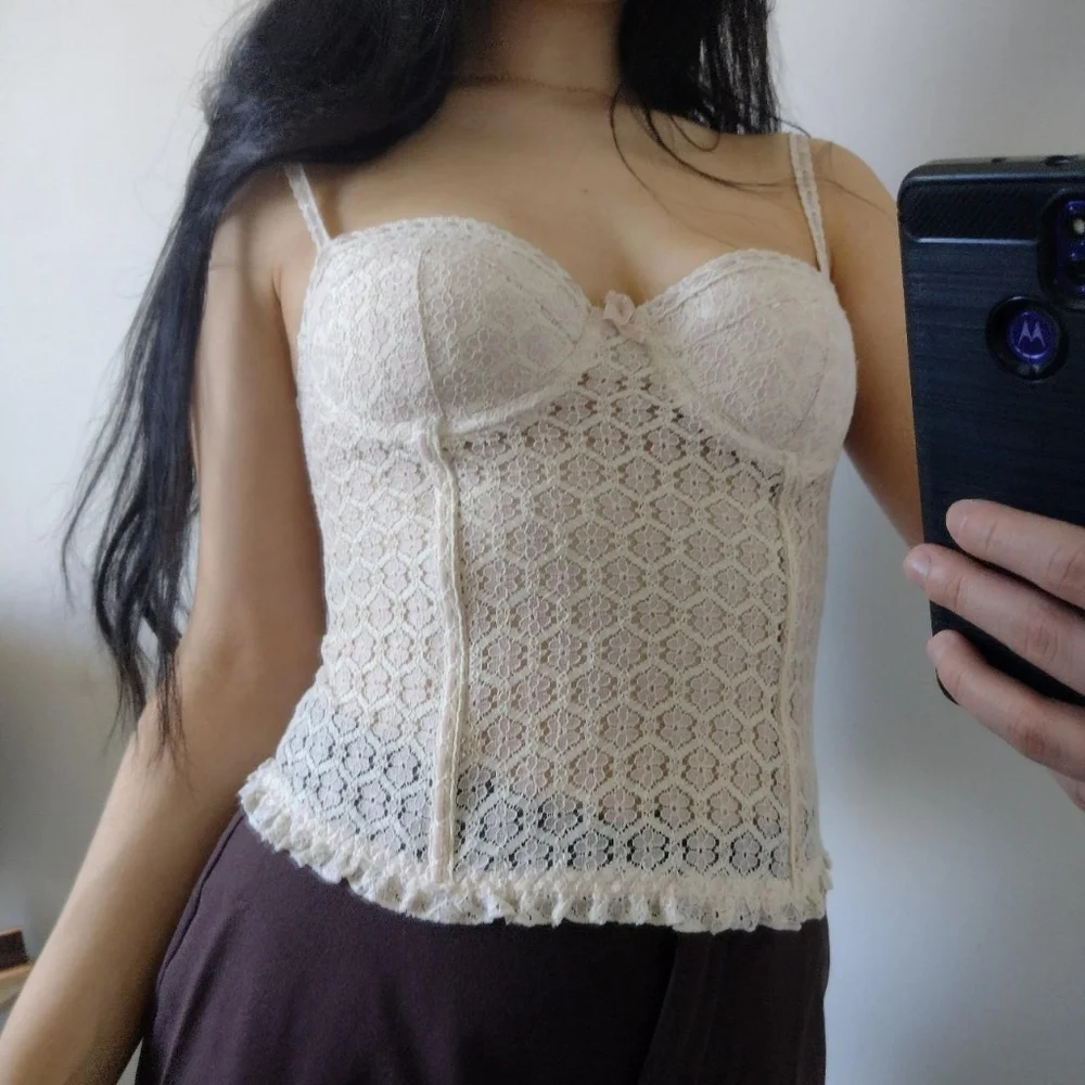 Cream and Light Pink Lace Corset Top - Picture 2 of 5